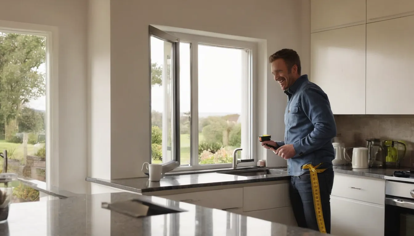 A friendly installer measuring a window frame in a Salem Lakes home