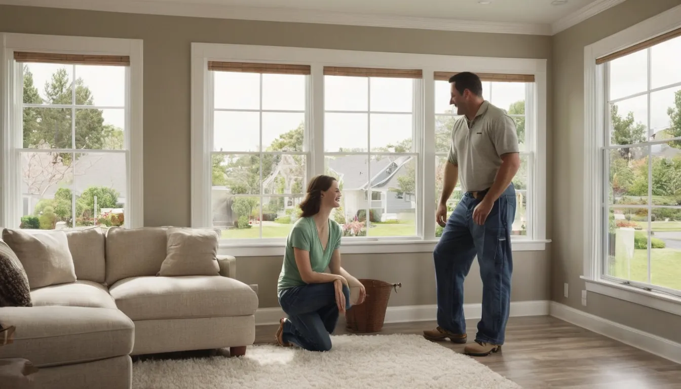 A friendly homeowner and an installer checking a new energy efficient window in a bright living room in the Salem Lakes area